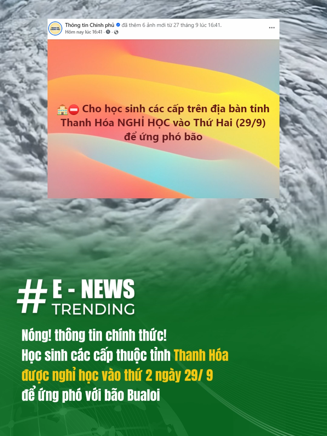 Nóng! thông tin chính thức! Học sinh các cấp thuộc tỉnh Thanh Hóa được nghỉ học vào thứ 2 ngày 29 tháng 9 để ứng phó với bão số 10 Bualoi #enewstrending #viral #bão #bualoi #thanhhoa36