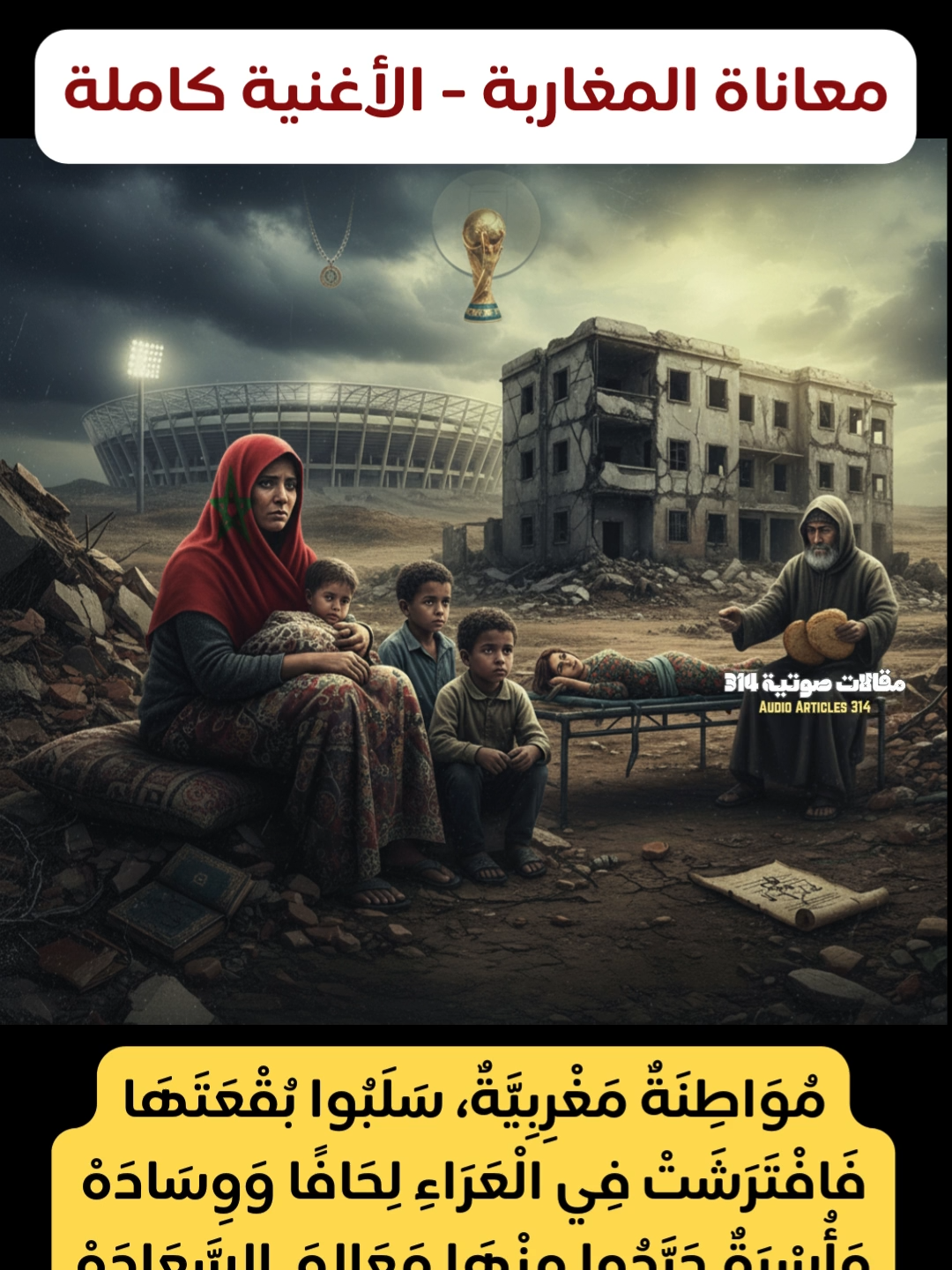 معاناة المغاربة - اﻻغنية كاملة مُوَاطِنَةٌ مَغْرِبِيَّةٌ، سَلَبُوا بُقْعَتَهَا فَافْتَرَشَتْ فِي الْعَرَاءِ لِحَافًا وَوِسَادَهْ وَأُسْرَةٌ جَرَّدُوا مِنْهَا مَعَالِمَ السَّعَادَهْ بُقْعَةٌ تِجَارِيَّةٌ نَهَبَهَا أَحَدُ الْقَادَهْ أَلَيْسَتْ هَذِهِ بَوَادِرَ الْإِبَادَهْ وَنِسَاءٌ مَاتَتْ سَاعَةَ الْوِلَادَهْ فِي مُسْتَشْفًى لَيْسَ فِيهِ دَوَاءٌ وَلَا ضِمَادَهْ وَلَا طَبِيبٌ، فَالْأَطِبَّاءُ فَتَحُوا عِيَادَهْ تَعْلِيمٌ رَقَّعُوهُ بِمَدَارِسِ الرِّيَادَهْ وَأَسْعَارٌ مُلْتَهِبَةٌ لَا تَعْرِفُ سِوَى الزِّيَادَهْ (الزِّيَادَهْ) خُطْبَةُ الْجُمُعَةِ عَلَى الْوَرَقِ وَأَغْلَبُهَا مُعَادَهْ مَسَاجِدُ فَارِغَةٌ مَا عَادَتْ مُرْتَادَهْ قَوَانِينُ تُشَجِّعُ عَلَى الزِّنَا و الْقِوَادَهْ وَمَلْعَبُ هُوكِي يُبْنَى أَيْنَ الْإِفَادَهْ مَوَاسِمُ وَمِهْرَجَانَاتٌ نُجِيدُهَا أَيَّمَا إِجَادَهْ كَيْ نُبْهِرَ الْأَجَانِبَ وَنَنَالَ الْإِشَادَهْ كَأْسُ الْعَالَمِ لَيْسَ تَقَدُّمًا بَلْ حِصَانُ طِرْوَادَهْ فَلِمَا نَمْنَحُ نَكْسَةَ الْيُونَانِ شَرَفَ الْإِعَادَهْ مَلَاعِبُ تُبْنَى فِي رَمْشَةِ عَيْنٍ يَا لَهَا مِنْ إِرَادَهْ مُسْتَشْفَيَاتٌ تَدْخُلُهَا مُوَدِّعًا نَاطِقًا بِالشَّهَادَهْ وَتَعْلِيمٌ لَا يَسْعَى لِلتَّوْعِيَةِ بَلْ لِلْبَلَادَهْ أَجَلْ يَا سَادَةُ  الْمُهِمُّ أَنْ يَرْبَحَ الْمُنْتَخَبُ كَأْسًا وَقِلَادَهْ أُصْرُخْ أَيُّهَا الْمَغْرِبِيُّ فِي وَجْهِ الظَّالِمِينْ قُمْ قِيَامَةً عَلَى الْفَاسِدِينْ قُمْ فَقَدْ آنَ الْأَوَانْ لَنْ نَرْضَى بَعْدَ الْآنَ بِالْهَوَانْ (بِالْهَوَانْ) #المغرب #الجزائر #LIVEIncentiveProgram #PaidPartnership #LIVECareer #تونس #اﻻفارقة #tunisie #libya #اخنوش #بنكيران #اكادير #algerie #الرباط #طنجة #ليبيا #مراكش #المنتخب_المغربي #اغاني_جديدة #المهدي #نادية_اﻻستفادة #كلنا_نادية_إستفادة #نادية_استفادة #maroc #morocco