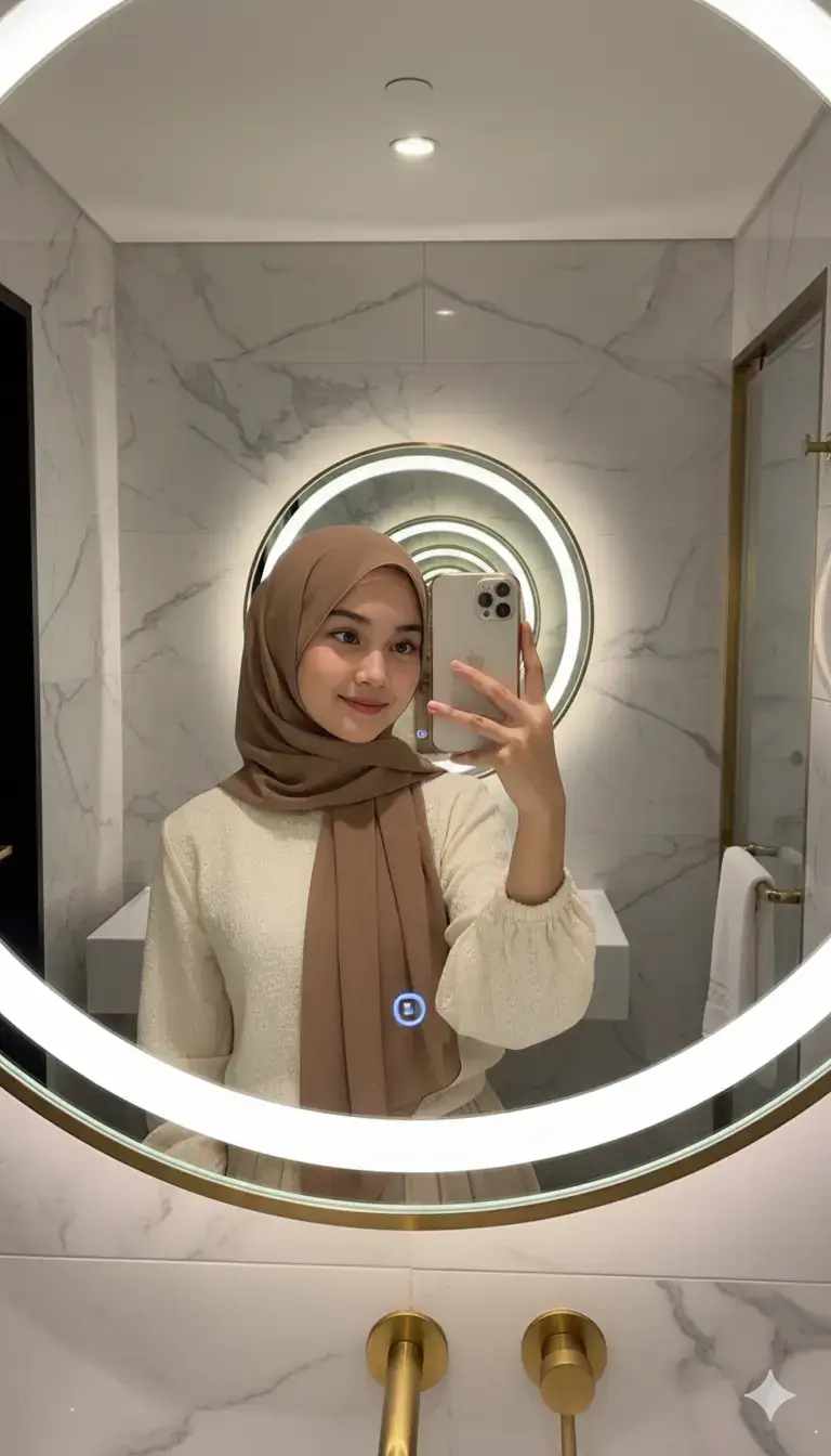 Edit gambar menjadi: Seorang wanita muda dengan hijab cokelat muda dan berpose di cermin bundar kamar mandi, memegang ponselnya untuk mengambil swafoto. Dia mengenakan baju krem bertekstur, dengan latar belakang kamar mandi yang menampilkan dinding kamar mandi yang mewah. #prompterchallenge #prompt #gemini #viral #fyp 