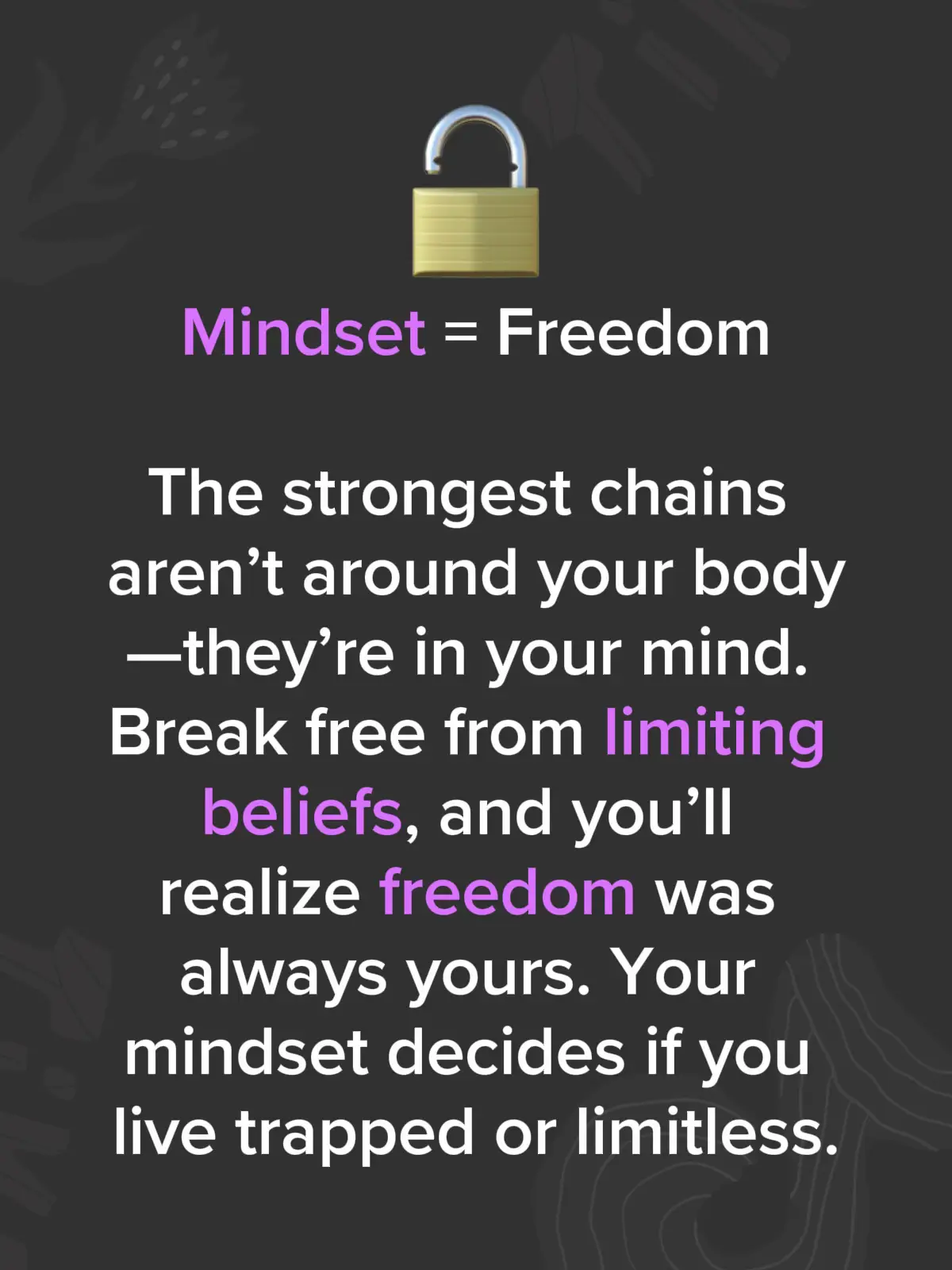 Most limitations are mental, not physical. Fear, doubt, and old beliefs keep people from chasing their dreams. When you believe you can’t, you won’t. But when you challenge those thoughts and replace them with empowering beliefs, the doors open. Mindset is the difference between staying stuck in the same place and stepping into your full potential. Freedom begins with changing the way you think.#DisciplineOverMotivation #dailymotivation #MotivationDaily #FutureSelf #wunderschön 