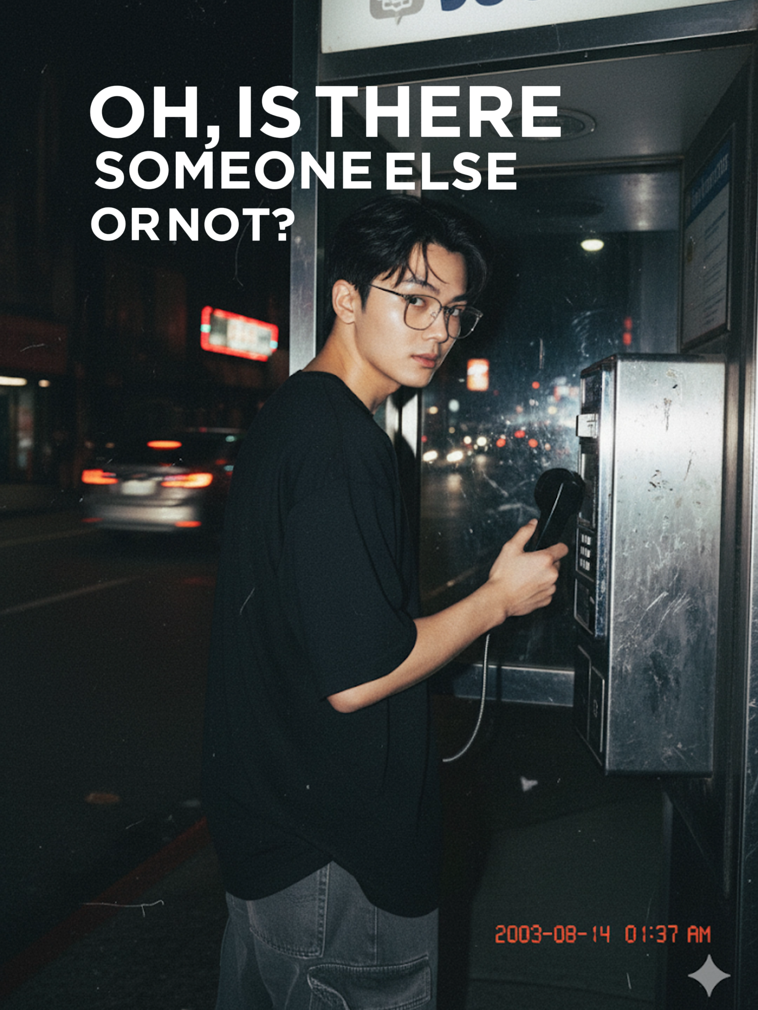 Gemini AI prompt ➡️A close-up portrait of the uploaded person [use reference image for the face without altering features], featuring healthy-looking skin. Nighttime flash photo with strong contrast, Y2K aesthetic, and a red digital timestamp in the corner. The young man is at a public payphone, turning back toward the camera with a detached look. He wears a buggy oversized T-shirt and loose cargo jeans, one hand holding the phone. The urban background features blurred car lights, gritty textures, and raw early-2000s paparazzi energy. The style is hyper-realistic, cinematic, and editorial, with harsh flash lighting and vintage digital photo grain. —ar 3:4 —style raw —no text, watermark, distortion —use reference photo for face