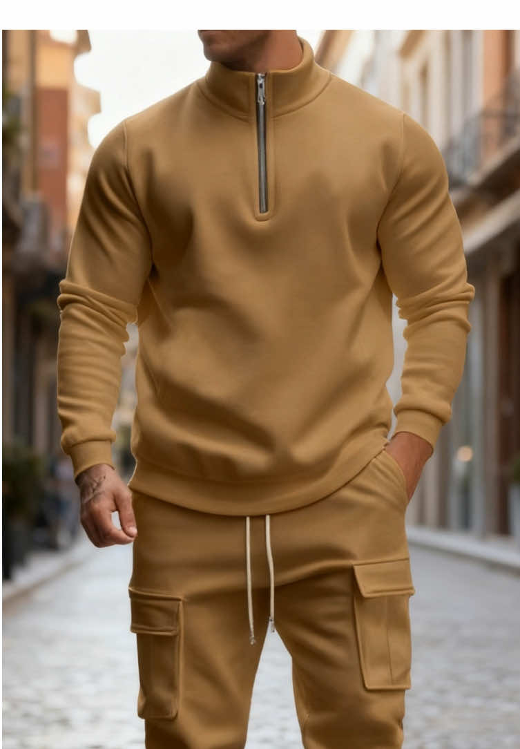Men's Casual Fleece Lined Zipper Work Pants Set, #fyp #mensclothing #suits #twopieceset #mensapparel