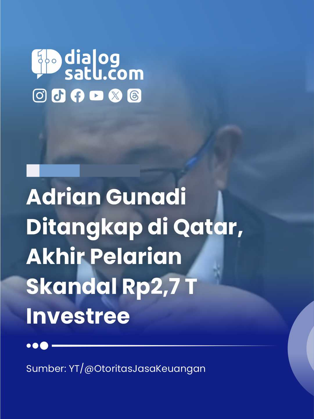 DIALOGSATU - Mantan bos Investree, Adrian Gunadi, ditangkap di Qatar pada 24 September 2025. Penangkapan ini mengakhiri pelarian panjangnya dari kasus penghimpunan dana ilegal tanpa izin OJK. Adrian diduga menghimpun dana masyarakat tanpa izin OJK sejak Januari 2022 hingga Maret 2024, merugikan Rp2,7 triliun dan sebagian digunakan untuk kepentingan pribadi. OJK mencabut izin usaha Investree Oktober 2024, kemudian Polri tetapkan Adrian DPO Desember 2024, dan Interpol kirim red notice Februari 2025. Ia kabur ke Qatar dan jadi permanent resident di sana. Upaya penangkapan terhambat karena ekstradisi formal ke Qatar bisa memakan waktu delapan tahun. Polri dan Interpol akhirnya pakai mekanisme police-to-police cooperation untuk mempercepat penangkapan Adrian. Adrian dipulangkan paksa ke Indonesia, memakai rompi oranye, dan diperlihatkan singkat oleh Interpol di Bandara Soekarno-Hatta, 26 September 2025, sebelum dititipkan di tahanan Bareskrim Polri. Ses NCB Interpol RI Brigjen Untung Widyatmoko mengatakan, 