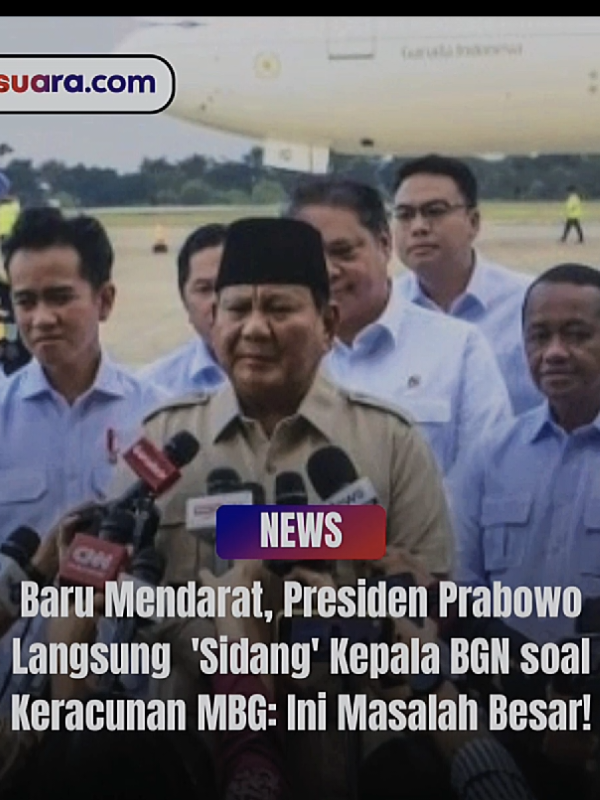Presiden Prabowo Subianto akan memanggil Kepala Badan Gizi Nasional (BGN) Dadan Hindayana terkait maraknya kasus keracunan program Makan Bergizi Gratis (MBG) yang menjadi sorotan luas. Pernyataan tersebut disampaikannya, tak lama usai mendarat di Bandara Halim Perdanakusuma Jakarta usai lawatan luar negeri. Prabowo mengaku terus memantau perkembangan kasus ini selama tujuh hari di luar negeri, bahkan menyebut insiden ini sebagai 'masalah besar'. 