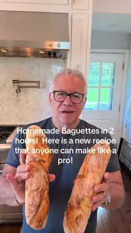 #baguettes #homemadebread #fyp #fypシ #foryoupage LegalChef DaveBakes Enjoy! All measurements are approximate, you can put the dough together in 5 minutes Ingredients: 3 ½ cups of bread flour (you can also use all purpose flour) 3 heaping teaspoons of sea or kosher salt 2 or 3 heaping teaspoons of brown sugar 2 heaping teaspoons of granulated sugar 3 heaping teaspoons of active rapid rise dry yeast 1 ¾ - 2 cups of very warm water, but not too hot – use your fingers, not a thermometer!   Instructions: Add the salt and brown sugar to the flour and mix in Add the yeast to the warm water, stir, and then add in the granulated sugar and mix, let sit for 3 minutes Slowly stir in the yeast water with the flour mixture, stirring with the handle end of a wooden spoon (this is easier than the spoon end, trust me!) Stir wall into a rough ball, it will be wet and sticky Let sit at room temperature, covered with a dish towel, for 90 min.  I put it in the oven OFF After an hour and a half, take dough out of oven if you had it in there and preheat oven to 475 F Heavily flour your counter or wooden board Scoop the risen (should have roughly doubled) dough out gently Flour the top with plenty of flour so that the dough doesn’t stick Fold dough over 4 or five times until it is a smooth ball Gently cut it in half and roll and stretch each half out until they look like a baguette Twist the baguettes two or three times and put them onto a baguette baking tin or a metal baking sheet covered in parchment paper   Bake for 12 min at 475 F and then lower oven to 450 F and bake another 10 minutes, or until very golden brown Take baguettes out of oven and cool them down before cutting, if you can’t wait break it a piece off and smother in butter.  Enjoy!