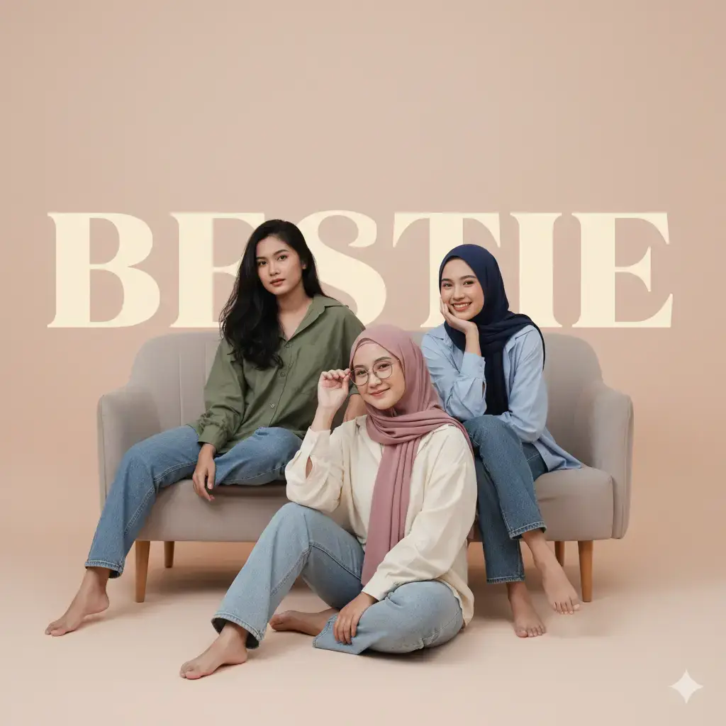 Foto tiga wanita muda Indonesia bertema persahabatan, pose santai di studio dengan background polos peach pastel. Typography besar 