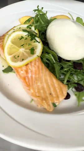Special Customer Request! Grilled Salmon/buratta/arugula/localpeaches #cafeallegre #italianfood #fyp #restaurant #italian 