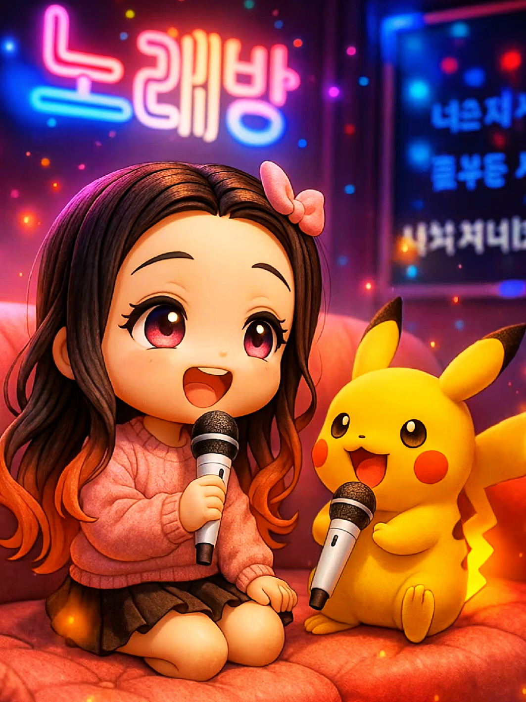 Cute Nezuko and Pikachu sing in karaoke.🎤 #cute #pikachu #nezuko #singing #fyp 