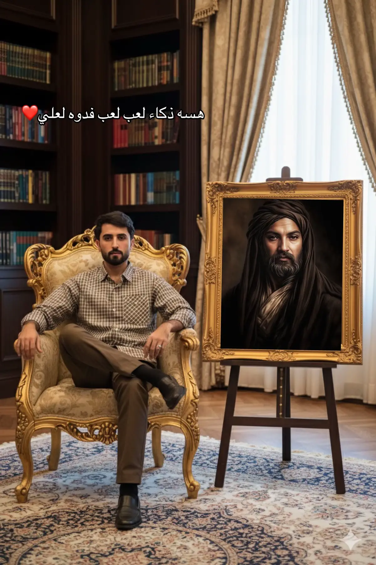 التقط صورة عالية الدقة لي ، اجعلني أرتدي هذه الملابس في جميع أنحاء جسدي دون تغيير ملامحي ، اجعلني أجلس على كرسي ذهبي فاخر مع صورة كبيرة جدًا لأمير المؤمنين بجواري ، لا تضع الصورة على الأرض