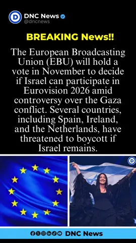 The European Broadcasting Union (EBU) will hold a vote in November to decide if Israel can participate in Eurovision 2026 amid controversy over the Gaza conflict. Several countries, including Spain, Ireland, and the Netherlands, have threatened to boycott if Israel remains. Israel’s broadcaster KAN hopes the contest remains a cultural, non-political event. The decision requires a simple majority to exclude Israel, with 68 member nations eligible to vote. This unprecedented move highlights tensions within the Eurovision community as political conflicts impact the competition. #europe #israel #fyp #viral #foryoupage 