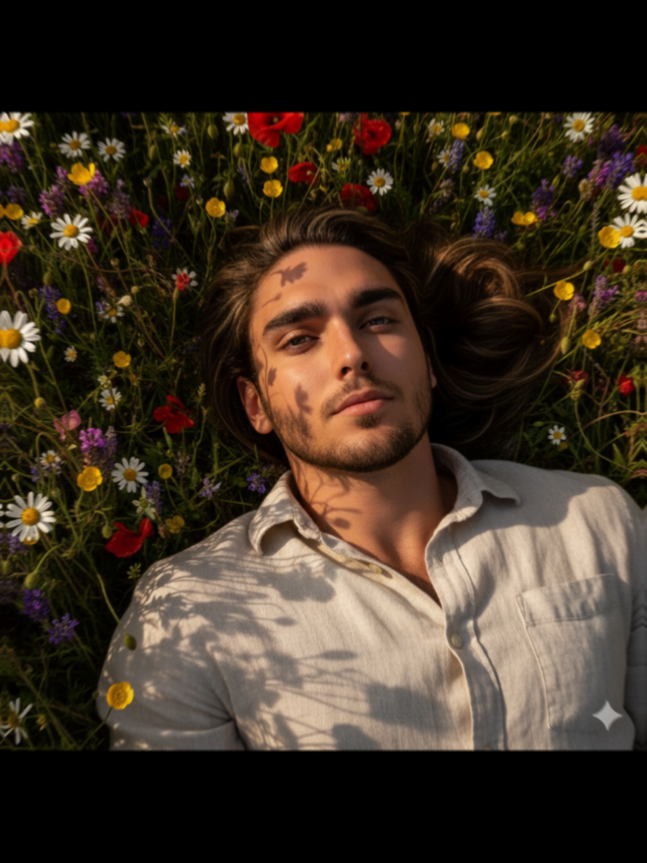 quer fazer fotos como essa no Gemini? envie uma foto sua de rosto e cole o Prompt:  laying down in a field of flowers, captured from an overhead perspective. in a field of flowers, bathed in warm golden hour sunlight. The image is high contrast, with a focus on closeup composition using a 35mm lens, crisp 4K HD quality. The photograph emphasizes natural textures and vivid color details, preserving a rich visual depth. The overall look is cinematic and immersive, 4:3 aspect ratio #tumblr #gemini #ia #photography 