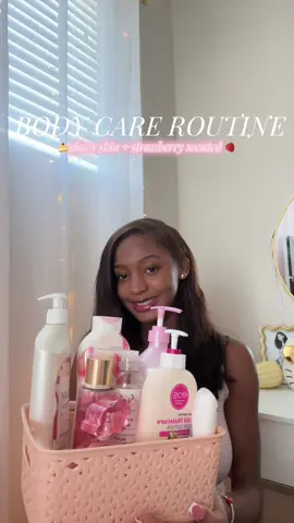 These are my favorite products for when I want to smell like a STRAWBERRY...🍓🍰#glowyskin #strawberry #bodycare #showerroutine #glowyskin  @Olay Skin Care @eos Products @SheaMoisture @Victoria’s Secret 