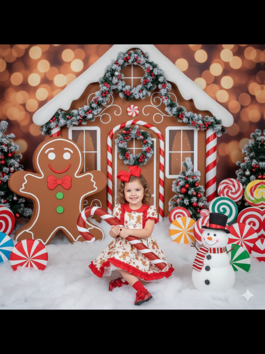 From the features of the little girl in this reference image take a photograph a festive Christmas photoshoot scene featuring a little girl posing in front of a gingerbread house. The girl has curly loose hair with a big red bow, wearing a beige gingerbread-style dress with red frills, short red socks with bows, and shiny red shoes. She holds a giant sparkling red and white candy cane. Beside her is a small snowman with a striped red scarf and a black hat. In the background, a big smiling gingerbread man, candy decorations, peppermint swirls, lollipops, and a gingerbread house with striped candy cane pillars and a snowy rooftop decorated with Christmas garlands and ornaments. Warm glowing bokeh lights in the background, artificial snow on the ground, magical holiday atmosphere, vibrant colors, hyper-realistic photography, soft bright lighting, sharp focus, high quality. #IA #christmas  #Christmasphotoshoot #gemini  #prompt 