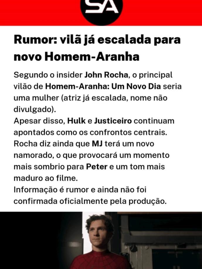 🎭 Segundo o insider John Rocha, o principal vilão de Homem-Aranha: Um Novo Dia seria uma mulher — atriz já escalada, nome não divulgado. 🧨 Apesar disso, Hulk e Justiceiro seguem como confrontos centrais no longa. 🔁 Bumerangue também aparece citado como parte do elenco. 💔 Rocha afirma que MJ terá um novo namorado, o que traria um momento mais sombrio e tom mais maduro para Peter. ⚠️ Tudo é rumor não confirmado pela produção. #HomemAranha  #ucm #universomarvel #MCU #cinema  Homem-Aranha Um Novo Dia rumor, vilã metamórfica Homem-Aranha, John Rocha insider, Hulk Justiceiro elenco, MJ novo namorado