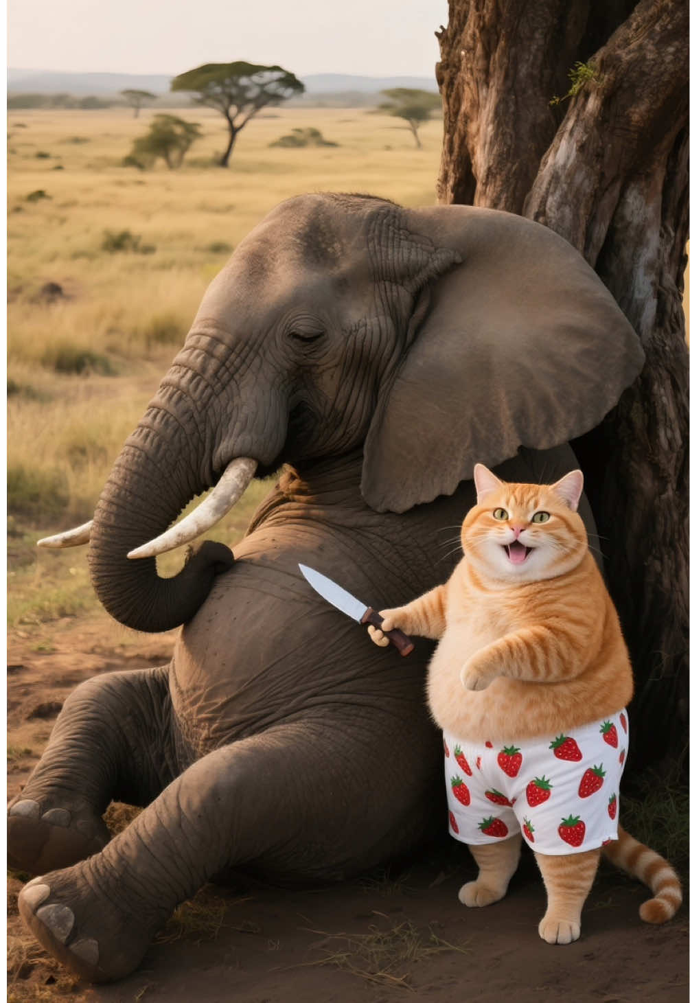 To deal with an elephant, one must win by wit. #kitten #orangecat #cat #ai #funny 