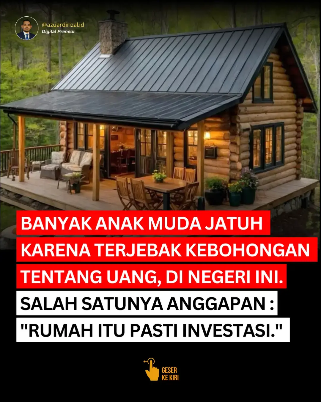 Banyak anak muda terjebak kebohongan soal uang. Salah satunya: “rumah itu pasti investasi.” Faktanya, rumah pribadi yang masih dicicil bukan aset, tapi liabilitas. 1. Kita kontrak ke pemilik rumah, mereka sebenarnya kontrak ke bank. 2. Kalau gagal bayar, rumah bisa disita. Semua uang cicilan bertahun-tahun lenyap. 3. Punya rumah dari KPR bukan berarti lebih keren, tapi terikat hutang sampai 25–30 tahun. Ingat, aset sejati adalah yang menghasilkan, bukan yang terus-menerus kita biayai. Rumah jadi aset kalau ada capital gain + cashflow sewa. Kalau tidak, itu hanya tempat pulang, bukan alat pamer. #trending #mindset #financialfreedom #bisnisonline #sidehustle 