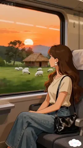 A day in the life of a girl living alone — the train window is like a moving picture frame. I lean against it for a short rest, my lashes drooping with weariness. Outside, green hills rise and fall, where little lambs, soft as tufts of cotton, lower their heads to nibble at the grass tips. A small thatched cottage stands quietly atop a hill, crowned by the warm orange glow of the sky, like a gentle footnote forgotten by time. The train moves on silently, carrying me toward a place of peace. #SceneryFromTheTrain #ViewsAlongTheJourney #DistantScenery #OnTheRoad #settingout 