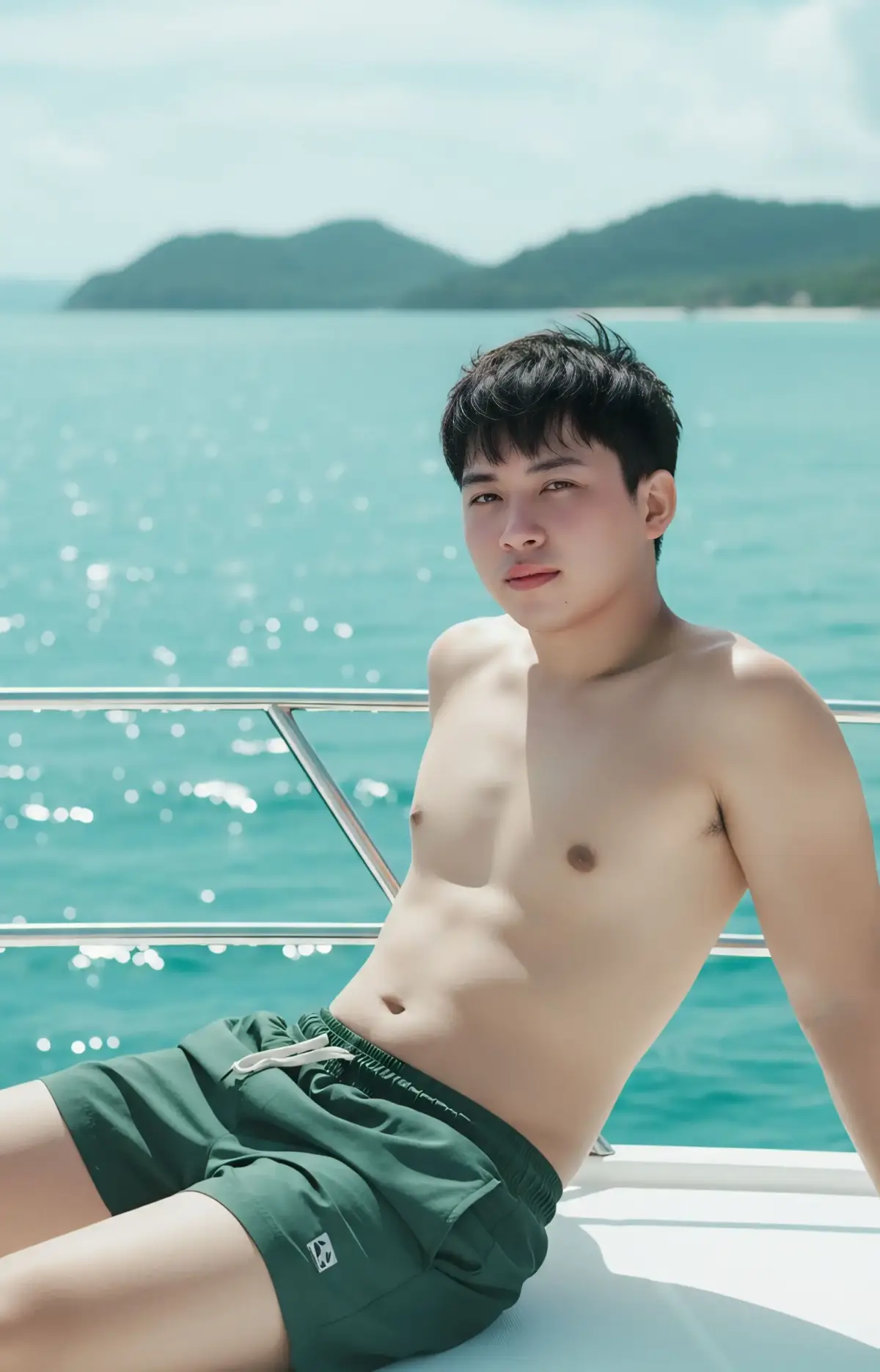 Hyper-realistic portrait of me lounging on a yacht at the beach, topless and with belly wearing a dark green short. My hair is short forward fringe and messy top. He is leaning slightly back against the edge of the boat, gazing at the camera with a relaxed, alluring expression Background: turquoise ocean water with gentle ripples, distant green hills, and a partly cloudy blue sky. Lighting is bright natural sunlight, casting soft highlights and reflections on the water. Apply cinematic soft filter with pastel aqua and teal tones, slightly desaturated blues and greens, smooth skin glow, and dreamy summer haze. Color grading: warm sunlight highlights with cool aqua shadows, giving a soft, vibrant, cinematic beach aesthetic. Styled like a beach trend photo, 8k high-resolution, sharp details, dreamy