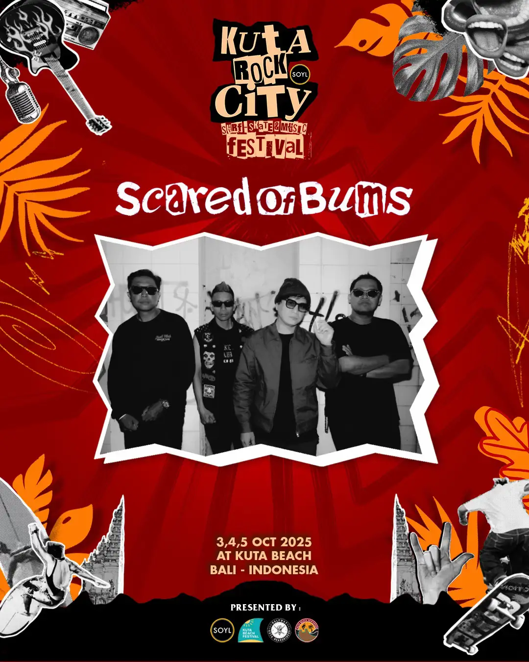 🔥 Bali’s own @Scared Of Bums (SOB) siap mengguncang Kuta Rock City Festival 2025! Terbentuk tahun 2003, SOB dikenal dengan sound punk-metal melodius yang bertenaga, penuh emosi, dan tanpa kompromi. Mereka adalah bagian penting dari scene musik keras Bali yang tumbuh bersama komunitas surf, skate, dan rock. ⚡ Energi mereka selaras dengan semangat festival ini: keras, bebas, dan penuh jiwa perlawanan. 📅 3–5 Oktober 2025 📍 Kuta Beach, Bali 🎟 Free entry – come join the roar and be part of the movement! #KutaRockCityFest2025 #MakeKutaRockAgain #ScaredOfBums 