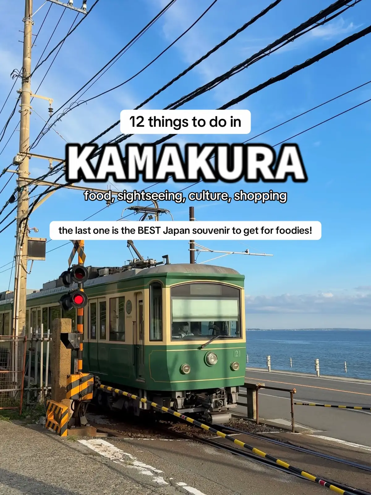 Kamakura is a charming little seaside town and even though it’s only 1 hour away from Tokyo via train, the vibe is completely different! If you’re booking any Japan tours/activities we usually book with Klook, use FOODINBOXKLOOK for $$$ off 😎 If you’re planning a day trip to Kamakura, then here’s a Kamakura guide with a list of things to do #kamakura #kamakuradaytrip #japantravel  1. Tsurugaoka Hachimangū Shrine - the most important shrine in Kamakura, start here! 2. Walk down Komachi Street - great food + shopping vibes 3. Buy limited edition  Kamakura stickers at B-side label 4. Try some street food - potato croquette from 鎌倉てんきち, Buddha taiyaki from Tomoya, pickled cucumber from  鎌倉 味くら 小町通り本店, curry pan and lemonade from Giraffa Curry Pan 5. Ride the Enoshima Electric Line tram 6. Kotoku-in aka the Big Buddha  7. Hasedera Temple - mini statues, panoramic views + caves 8. Shichirigahama beach - Mt fuji viewing spot on a clear day 9. Bills Cafe - lunch view a VIEW, wagyu burger and ricotta pancakes 10. Koshigoe Rakko Park - the Slam Dunk anime tram spot 11. Hatoya Matcha - blended matcha + ice cream = *chefs kiss* 12. Get customised chopsticks - Chopstick & Tableware