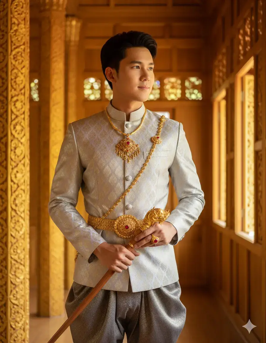 ใช้รูปที่อัพโหลดเป็นข้อมูลอ้างอิงใบหน้า โดยรักษาความละเอียดใบหน้าให้แม่นยำ 100%  ลักษณะชายชาวไทยมีสีหน้ามั่นใจมีเสน่ห์ สวมเสื้อแขนยาวสีเงินลายไทยสีทองแวววาว คอจีนลายไทยวิจิตร เข็มขัดสีทอง กางเกงขายาวสีเทาเลื่อมทอง สวมสร้อยคอทองคำเส้นใหญ่แบบเครื่องประดับไทยและพาดจากไหล่ถึงเอวอีกข้าง  สวมแหวนทองคำประดับด้วยพลอยทับทิมสีแดงที่นิ้วมือข้างขวา ผมสั้นสีเข้ม เดิน ยืน หรือนั่งในท่าเดียวกัน ชื่นชมบรรยากาศโดยรอบอย่างสง่างาม ยิ้มเล็กน้อยด้วยความภาค ภูมิใจ เอียงหน้าและลำตัวไปด้านข้างเล็กน้อย แสงทองส่องกระทบใบหน้าแบบธรรมชาติแสงและเงาแบบธรรมชาติถือไม้ตะพดโบราณหัวไม้สีทองอันเล็ก ในบริเวณภายในบ้านเรือนไทยไม้สักทองศิลปะแบบไทย มีแสงทองส่องประกายสร้างบรรยากาศน่าหลงใหลและเปี่ยมด้วยกลิ่นอายวัฒนธรรม เปล่งประกายความสง่างาม ความมั่นใจ เสน่ห์ และความงดงามแบบไทยโบราณในสไตล์ภาพถ่ายแฟชั่นวัฒนธรรมที่สมจริงและความละเอียดสูง