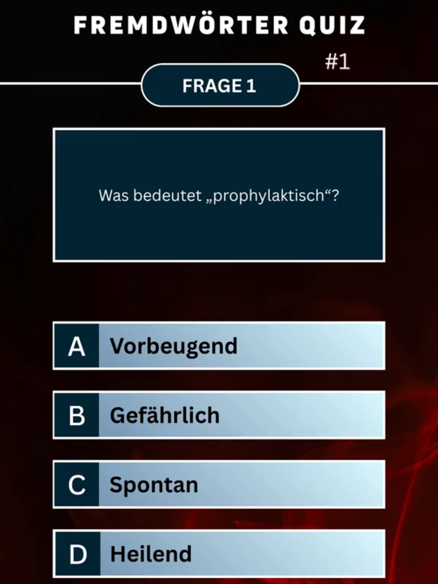 Fremdwörter Quiz #1 🤔 | Nur die Wenigsten kennen diese Fremdwörter! Teste dein Wissen im spannenden Fremdwörter-Quiz #1 🧠 Hier warten 8 mittelschwere Fragen rund um die Bedeutung von Fremdwörtern und schwierigen Begriffen auf dich. Ob „prophylaktisch“, „volatil“ oder „renitent“ – weißt du, was diese Wörter bedeuten?  👉 Perfekt für alle, die ihren Wortschatz erweitern, Neues lernen und Spaß am Quizzen haben. 👉 8 Fragen – jeweils mit 4 Antwortmöglichkeiten und der richtigen Lösung.  Dieses Quiz ist ideal für Wortliebhaber, Schüler, Studenten, Sprachinteressierte und Quiz-Fans. Abonniere meinen Kanal, um kein weiteres Allgemeinwissen-Quiz zu verpassen! #fyp #viral #quiz #quiztime #allgemeinwissen #deutschquiz
