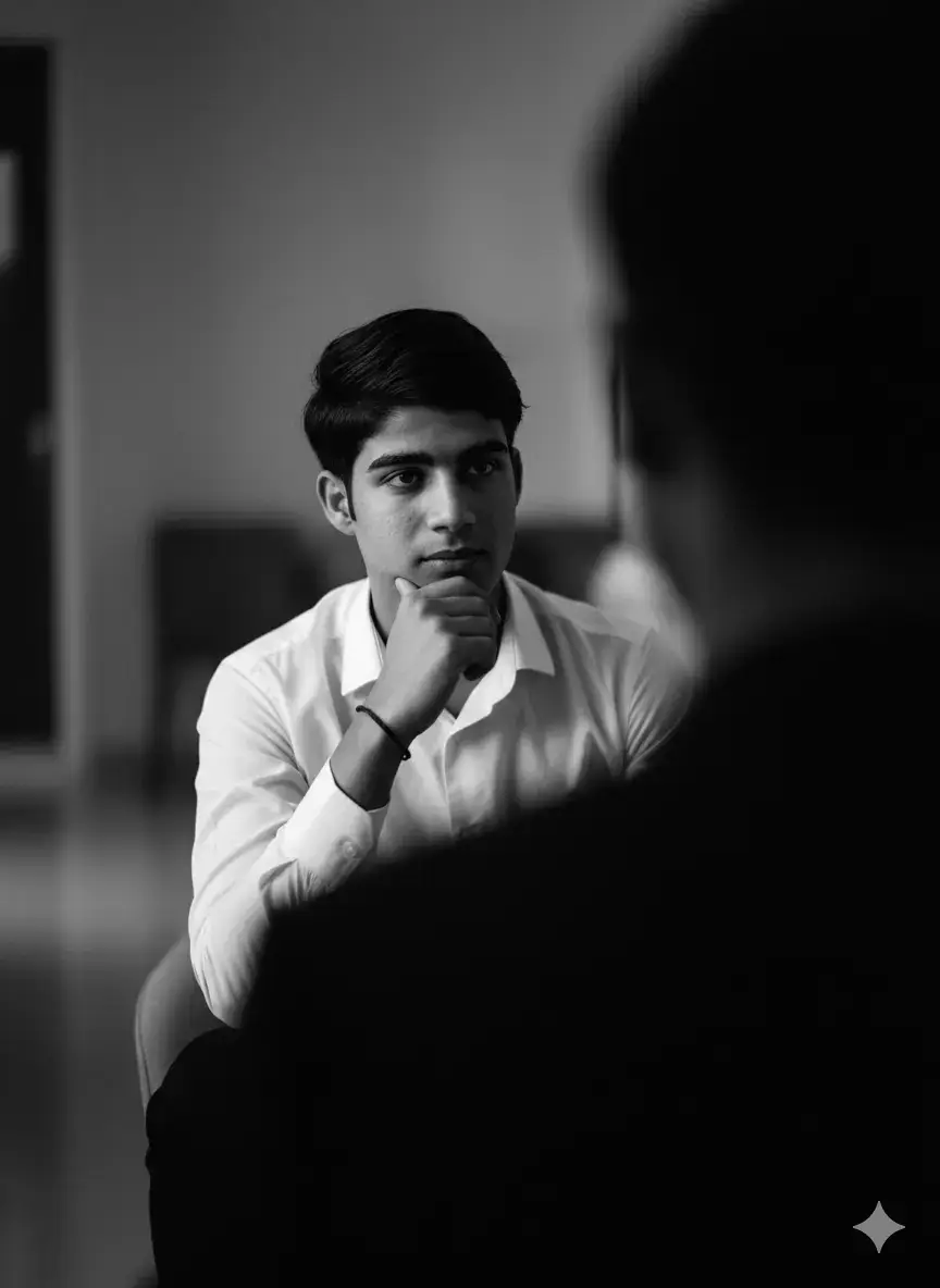 ‏   #لايك_متابعه_اكسبلور A black and white high-contrast fashion noir photograph of a young man has portrait similar to uploaded photo in a clean white dress shirt, sitting thoughtfully with hand near chin.He is framed by an out-of-focus figure in the foreground, creating a cinematic 'frame within a frame' composition. Dramatic lighting with deep shadows and bright highlights enhances facial structure and emotion. The aesthetic is editorial and timeless, with a minimalist background and subtle film grain