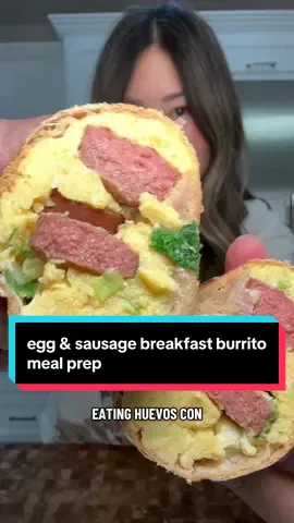 egg & sausage breakfast burrito! I meal prepped this for my family so I don’t have to lift a finger postpartum. there’s really no specific ingredients. mine is filled with a couple whole eggs, egg whites, green onion, and all beef hot dog. wrap it all up in a tortilla and freeze. To reheat, I microwave for 1 minute then bake in the toaster oven at 350 for 10-15 minutes.  #breakfastburrito #mealprep #breakfastideas 