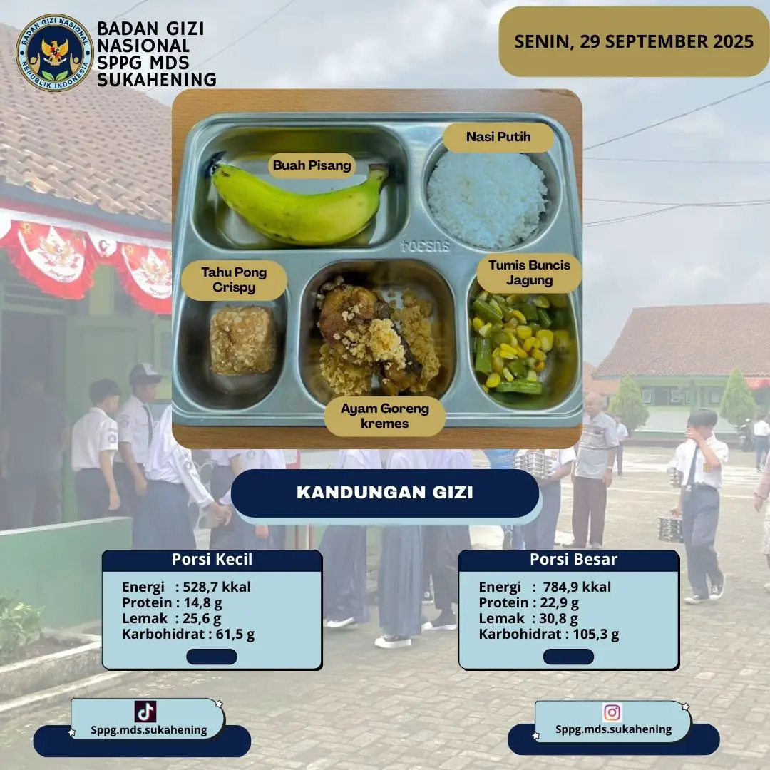 Alohaa! Udah senin lagi nih.. Makanannya dihabisin yaa biar kuat, dan jangan lupa banyak minum air putih supaya ga dehidrasi yaaa, Semangat belajarnya! 👀🫰🏻 #sppgmdssukahening #mbg 