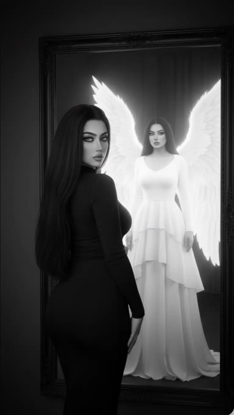 كليشة ترند الملاك  في gemini  Prompt :  A dramatic black-and-white cinematic image of a young woman with  hair falling over one shoulder , keeping all her facial features unchanged: same eyes shape, same nose, same makeup, same face structure. She is wearing a tight, long white dress with short sleeves, standing slightly away from a large mirror. The camera captures her from behind, with her real face turning slightly toward the camera, young, natural, and serious. In the mirror reflection, she appears as an angel with full, white wings, wearing a flowing white dress. Strong contrasting lighting highlights the reflection, while deep shadows frame the scene, creating a moody, cinematic atmosphere. Preserve her true face exactly #creatorsearchinsights #CapturedByGemini #photoshootbygemini #giminiprompt #كيف_اسوي_ترند_الملاك_في_gemini 