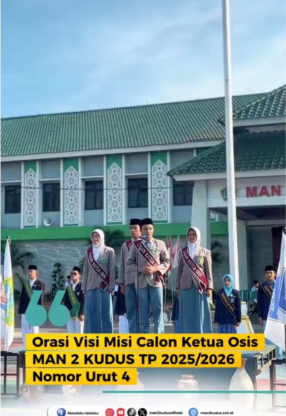 Orasi Visi Misi Calon Ketua Osis Nomor Urut. 4 ✨ Pemilihan Ketua OSIS bukan sekadar ajang popularitas, melainkan momen penting untuk menentukan pemimpin yang akan membawa perubahan nyata. Pilihlah calon yang memiliki visi dan misi yang jelas, realistis, dan bermanfaat bagi seluruh warga madrasah.  Visi dan misi yang baik adalah fondasi utama dalam membangun OSIS yang aktif, inspiratif, dan berintegritas. ‼️Mari menjadi pemilih yang cerdas. ##fyp ##calonketuaosis #orasiosis #visimisiosis #manduakudus 