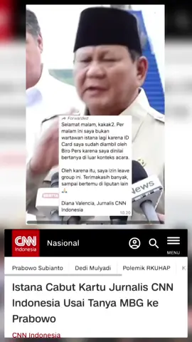 Kasus ribuan keracunan pelajar sekolah akibat konsumsi Makan Bergizi Gratis (MBG) terjadi di mana-mana. Sejumlah daerah bahkan menetapkan status Kejadian Luar Biasa (KLB) untuk mencegah kasus meluas. Desakan sejumlah pihak termasuk organisasi masyarakat sipil agar pemerintah mengevaluasi total dengan menghentikan untuk sementara program triliunan tersebut belum direspons baik. Masalah belum selesai, baru-baru ini, Biro Pers, Media, dan Informasi (BPMI) Sekretariat Presiden malah mencabut ID liputan milik jurnalis CNN Indonesia TV Diana Valencia. Sebabnya, Diana Valencia melontarkan pertanyaan mengenai permasalahan MBG ke Presiden Prabowo Subianto yang baru saja menyelesaikan lawatannya di sejumlah negara, Sabtu (27/9). Pemimpin Redaksi CNN Indonesia Titin Rosmasari mengonfirmasi seorang staf BPMI Sekretariat Presiden mengambil langsung kartu identitas Pers Istana Diana ke Kantor CNN Indonesia, Jalan Kapten P. Tendean, Jakarta, Sabtu malam. 