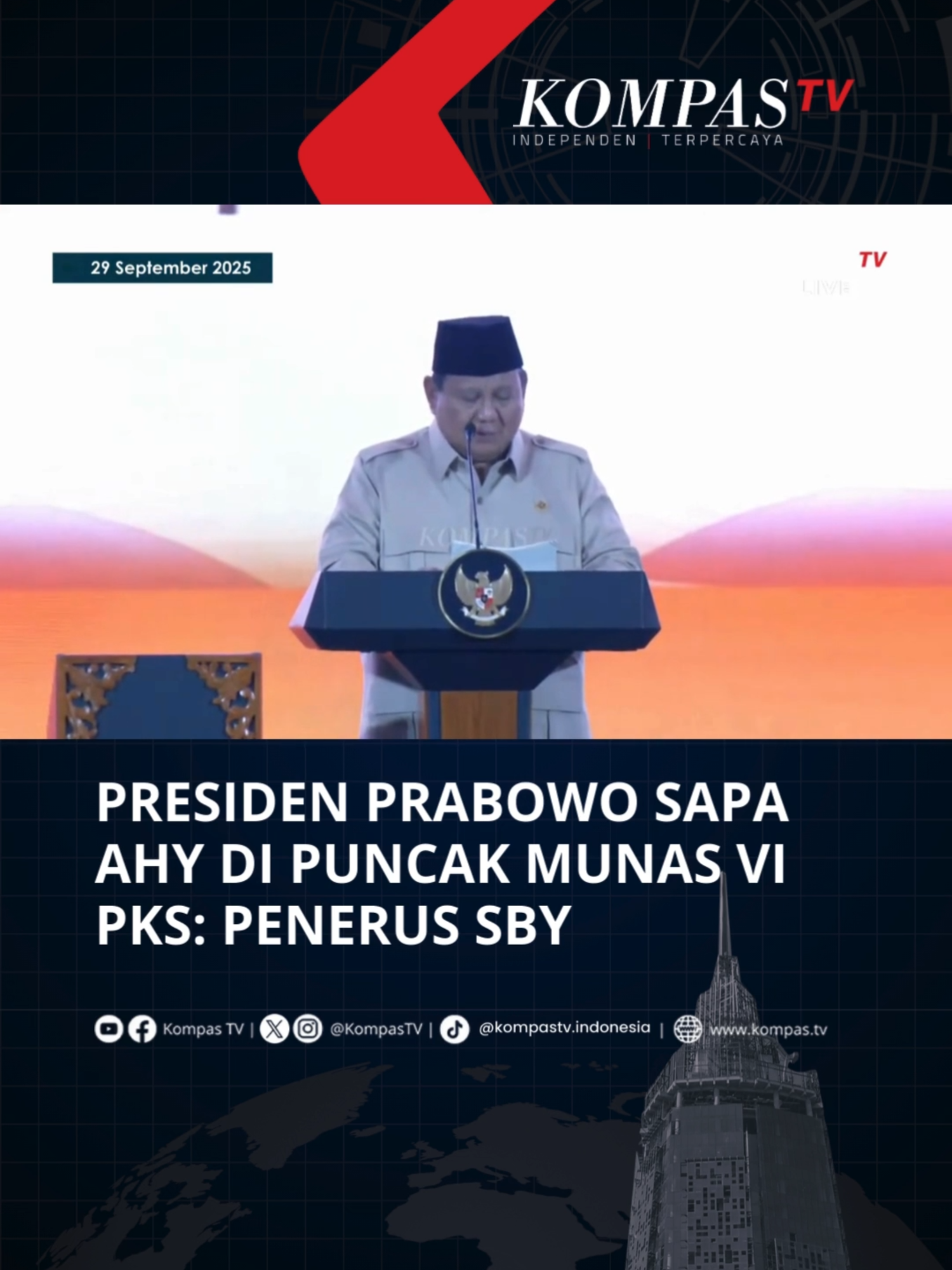 Presiden RI Prabowo Subianto menyapa Ketua Umum Partai Demokrat sekaligus Menko Infrastruktur dan Pembangunan Kewilayahan Agus Harimurti Yudhoyono (AHY) saat menghadiri puncak Musyawarah Nasional (Munas) VI PKS di Hotel Sultan, Jakarta, Senin (29/9/2025). Prabowo menyebut, AHY sebagai penerus dari Presiden ke-6 RI Susilo Bambang Yudhoyono (SBY). Prabowo lantas berkelakar mengapa namanya juga tidak disingkat saja menjadi PSD. Tuliskan komentarmu dan dapatkan berita terkini lainnya di www.kompas.tv serta youtube.com/kompastv #SOROTKompasTV #TikTokBerita