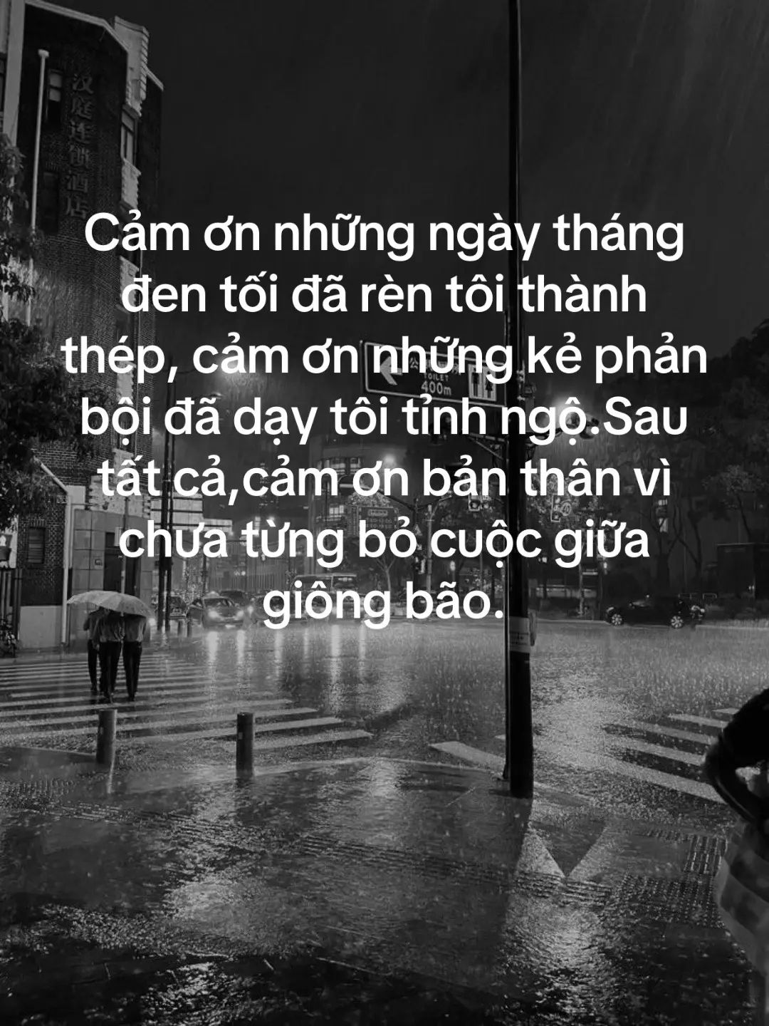 Cảm ơn những ngày tháng đen tối đã rèn tôi thành thép, cảm ơn những kẻ phản bội đã dạy tôi tỉnh ngộ.Sau tất cả ,cảm ơn bản thân vì chưa từng bỏ cuộc giữa giông bão.