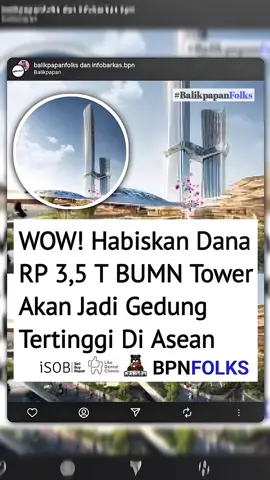 🔍 Apa itu BUMN Tower IKN BUMN Tower adalah sebuah rencana pembangunan gedung pencakar langit yang dirancang sebagai ikon di IKN Nusantara, Kalimantan Timur.  Gedung ini direncanakan sebagai fasilitas multi-fungsi (mixed use) — termasuk kantor, hotel, ritel, museum, pusat budaya, plaza, dan sebagainya.  Lokasi yang direncanakan ada di Kawasan Inti Pusat Pemerintahan (KIPP) IKN, di Kabupaten Penajam Paser Utara, Desa Bumi Harapan, Kecamatan Sepaku.  --- 📐 Spesifikasi & Angka Perencanaan Ketinggian yang sering disebut: 700 meter  Ada juga sumber yang menyebut angka lebih tinggi, yaitu 778 meter  Jumlah lantai: sekitar 138 lantai dalam beberapa rancangan.  Dalam sebuah tender disebutkan bahwa proyek ini terdiri dari 2 menara — satu sekitar 120 lantai (~700 m) dan satu lagi sekitar 70 lantai (~350 m).  Luas area bangunan/lahan proyek sekitar ± 300.000 m² menurut dokumen tender.  Anggaran yang sering disebutkan: sekitar Rp 3,5 triliun  --- 🚧 Status & Tantangan Proyek ini belum berada di tahap pembangunan yang pasti — masih dalam perencanaan, kajian, dan pembahasan.  Lokasi pastinya belum disahkan sepenuhnya, dan berbagai aspek teknis serta regulasi masih dalam diskusi.  Pemerintah menyebut bahwa proyek ini telah masuk dalam masterplan IKN.  Ada tantangan dari sisi pembiayaan, koordinasi antar lembaga, serta kepastian investor.  Beberapa pernyataan menyebut bahwa pembangunan “Menara BUMN” ini belum final keputusannya. #bumntower #iknnusantara #indonesia🇮🇩 