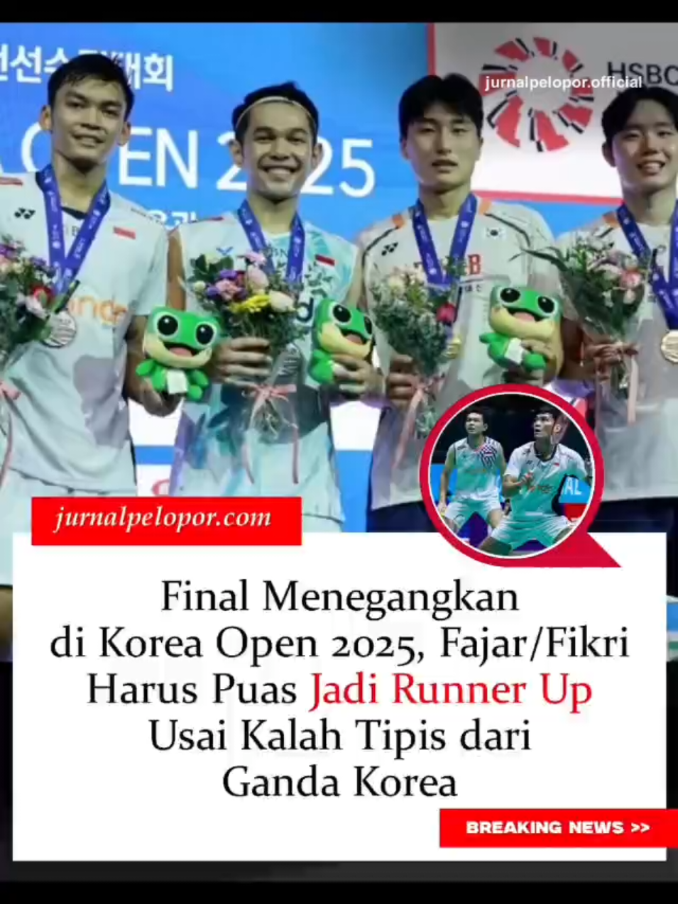 Ganda putra andalan Indonesia, Fajar Alfian/Muhammad Shohibul Fikri, harus puas menjadi runner up Korea Open 2025 setelah kalah dramatis dari pasangan tuan rumah Kim Won Ho/Seo Seung Jae. Duel final yang berlangsung di Suwon Gymnasium, Minggu (28/9), menyajikan pertarungan penuh ketegangan selama dua gim dengan skor 16-21, 21-23. Atmosfer pertandingan sangat panas sejak awal. Ribuan penonton tuan rumah memberi dukungan penuh untuk pasangan Korea, sementara Fajar/Fikri mencoba meredam tekanan dengan tampil agresif. Gim pertama berlangsung ketat, namun kontrol Kim/Seo di poin-poin krusial membuat mereka menutup laga dengan keunggulan 21-16. Gim Kedua: Dramatis dan Menegangkan Memasuki gim kedua, Fajar/Fikri bangkit dengan permainan cepat dan variasi serangan yang menyulitkan lawan. Mereka bahkan sempat unggul 11-8 saat interval. Namun, pasangan Korea kembali menunjukkan konsistensi dengan mengimbangi reli panjang dan memanfaatkan kesalahan kecil dari pasangan Indonesia. ... Baca selengkapnya di https://www.jurnalpelopor.com/final-menegangkan-fajar-fikri-harus-puas-jadi-runner-up/ Untuk informasi dan berita lainnya, kunjungi jurnalpelopor.com #badminton #fajaralfian #fikri #indonesia #koreaopen2025 