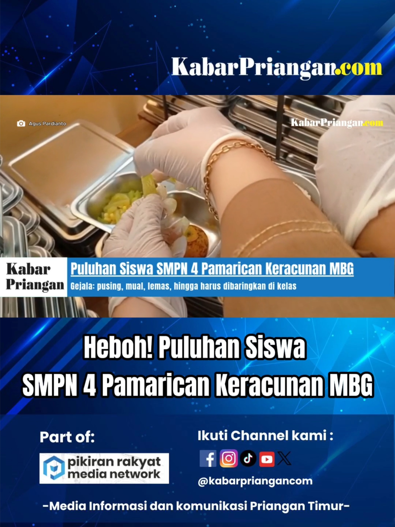 Diduga usai menyantap makan gizi gratis (MBG) sekitar pukul 10.00 WIB, puluhan siswa SMPN 4 Pamarican, Kabupaten Ciamis, Jawa Barat, diduga mengalami keracunan, Senin (29/9/2025).  Berdasarkan informasi di lapangan, para siswa yang mayoritas kelas VII dan Kelas VIII mengalami gejala pusing dan mual, hingga tubuh pun merasa lemas. Hingga dibaringkan di suatu ruangan kelas. Petugas medis dari Puskesmas Kertahayu, Pamarican serta beberapa unit ambulance pun langsung turun tangan. “Saya merasa mual dan pusing. Makanan yang dimakan yaitu ayam ayam goreng dan sayuran, tahu dan lainnya, tapi ayamnya agak bau. Setelah itu banyak teman yang mulai sakit perut,” ungkap Nazwa kelas 7B, salah satu korban.  Pihak sekolah memastikan insiden hanya terjadi di satu kelas. Pasalnya, distribusi MBG hari ini baru mencakup satu kelas saja. Menu yang disajikan berupa daging ayam dan sayuran. “Total siswa 608 yang tidak hadir 39 orang, korban sekitar 52 orang dan dirujuk ke RS Banjar 2 orang, puskemas pamarican 13, serta puskesnamsd Banjarsari 2 orang. Sisanya tertangani di sekolah dan bisa langsung pulang,