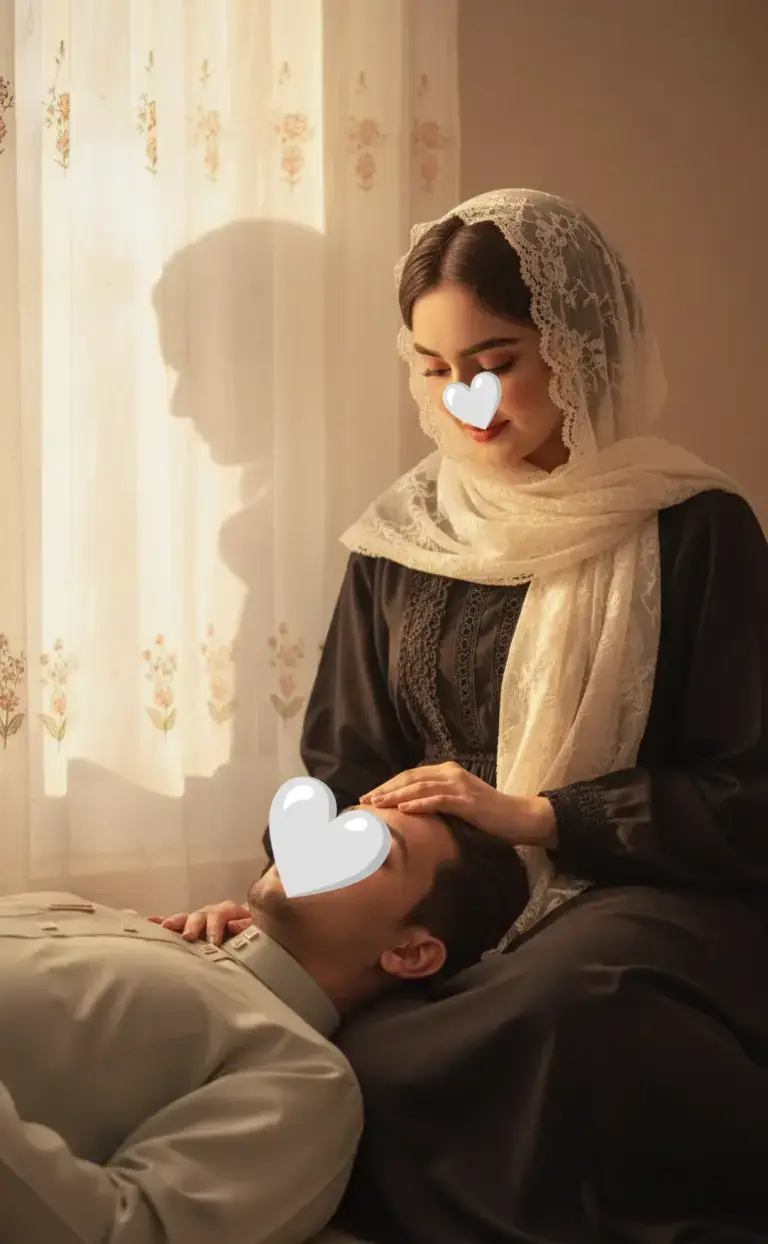 #كليشه :اجعل صورتي انا ًوحبيبي: أشعة موجهة خلف الستار: باستخدام هذه الصورتين ، التقط صورة مقربة مذهلة ، حيث يخترق ضوء الشمس الدافئ الدانتيل أو الزخارف الزهرية الصغيرة (قليلاً) ، وهي تنظر من النافذة على اليسار. مكياجها ناعم ورومانسي ، وتعبيرات وجههما ناعمة وساحرة. ترتدي حجابًا كريميًا اللون يغطي شعرها بالكامل كريمي ، ووشاحًا من الدانتيل فوق رأسها ، ويتحرك ظلها وكأنها تحكي قصة. ترتدي فستانًا أسود جميلًا فضفاضًا وهوا يرتدي قميص أسود اللون . لا تغير ملامح الوجه. وهوا ينضر الي نضارب حب عميقه وضعه يقف جنبي كنما يحدثني وانا اضع يدي علئ خذهو مع نضرات حب عميقه مع ذالك يغطيني ستار البرده بشي قليل كنما مع وضعنه بل كامل يضهر مع وقريب صوره علئ الوجه #ذكاء_اصطناعي 