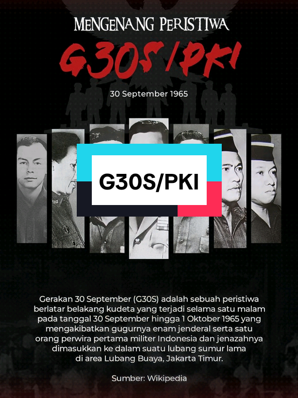 mengenang peristiwa G30S/PKI 1965🇮🇩🥀 Hari Pemberontakan G30S/PKI adalah peristiwa kelam yang terjadi pada 30 September – 1 Oktober 1965, ketika kelompok yang menamakan diri Gerakan 30 September menculik dan membunuh tujuh perwira tinggi TNI Angkatan Darat di Lubang Buaya, Jakarta. Peristiwa ini dituduhkan kepada Partai Komunis Indonesia (PKI) sebagai dalang, sehingga PKI kemudian dibubarkan dan dilarang. Peringatan G30S/PKI setiap tahun bertujuan untuk: Menghormati Pahlawan Revolusi yang gugur, Mengingatkan generasi muda akan bahaya ideologi yang bertentangan dengan Pancasila, Menjaga persatuan bangsa agar tragedi serupa tidak terulang. #g30spki1965 #pahlawanrevolusi #sejarah  #masukberandafyp #fyp