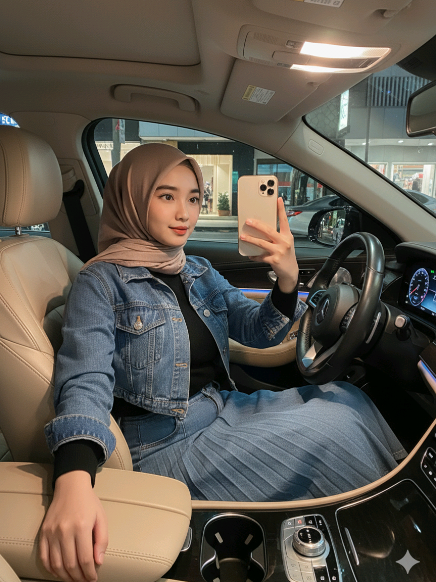 Foto Ai menyetir dalam mobil 😍 Prompt 👇: Seorang wanita muda cantik berhijab dengan gaya stylish sedang duduk di kursi pengemudi mobil modern pada malam hari. Ia mengenakan hijab pashmina lilit warna nude yang dipadukan dengan atasan crop jaket denim dan inner fitted hitam serta rok denim plisket. Tampil percaya diri dan modis, ia tersenyum tipis sambil mengambil selfie dengan tangan kirinya, sementara tangan kanannya santai memegang kemudi. Interior mobil terlihat mewah rapi, dashboard menyala biru dengan pencahayaan kabin yang hangat. Di luar jendela tampak suasana kota malam dengan deretan toko yang remang. Rasio 9:16, gaya modeat fashion kekinian dengan nuansa city night. Selamat mencoba 😉 #ai #fotoai #promptai #geminiai #capcut