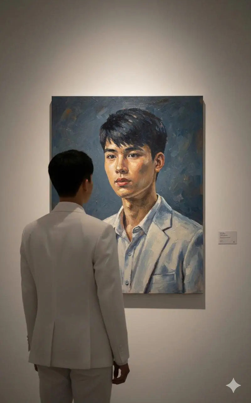 1. Open gemini 📲 2. Upload your photo 📸 3. Paste the prompt 👇 A cinematic close-up photograph taken inside an art gallery. The image shows a young man in a white suit from behind, standing slightly to the left side of the frame and turned gently toward the painting. He has the same body shape, outfit, and hairstyle as in the reference photo. His posture is natural and relaxed, with both arms resting loosely at his sides.In front of him is a large oil painting on canvas, proportionally sized to harmonize with the gallery wall without feeling overwhelming. The figure in the painting is depicted in a detailed and striking manner, faithfully replicating the same outfit, body shape, hairstyle, and pose as in the reference photo, but rendered with textured, expressive brushstrokes in an impressionistic and emotive style.The painting is displayed without a visible frame. The space is softly lit, with a warm spotlight focused on the painting, while the surrounding gallery walls remain clean and minimalistic. The photograph is captured with a medium focal length lens at a close perspective, showcasing both the man standing beside the painting and the artwork itself in balanced proportions, creating a refined and cinematic atmosphere full of artistic elegance.#LearnOnTikTok #viral #photongai #xuhuongtiktok #trending 