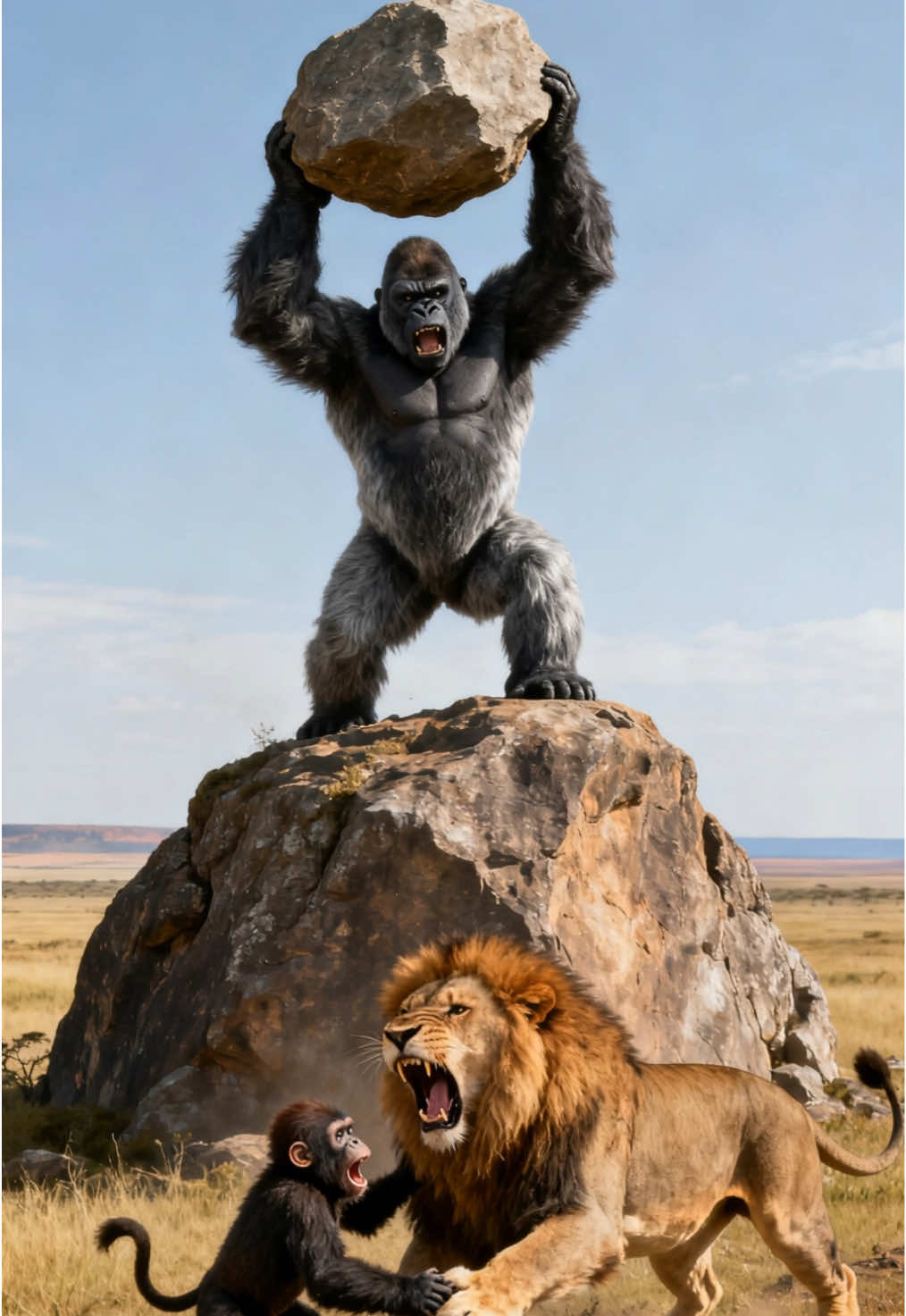 The lion tried to prey on the cub, but was severely beaten up by a gorilla.
