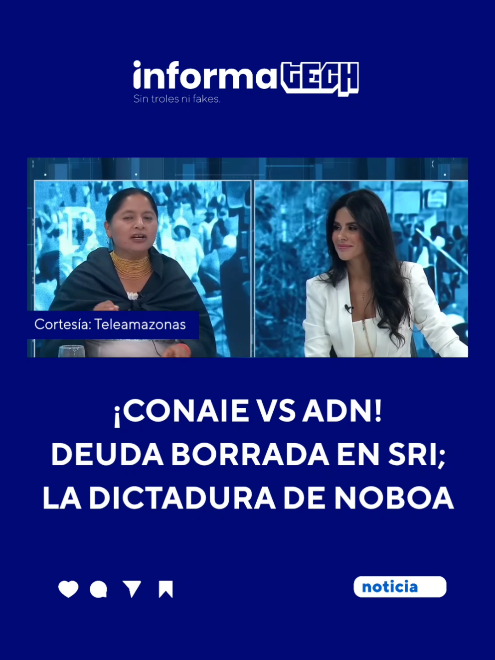 En una entrevista para Hora 25 de Teleamazonas, la vicepresidenta de la CONAIE afirmó que Ecuador vive una dictadura y encaró a la asambleísta de ADN Diana Jácome, pidiéndole fiscalizar la reducción de la deuda del Grupo Noboa con el SRI a 6 millones. #Noticia 