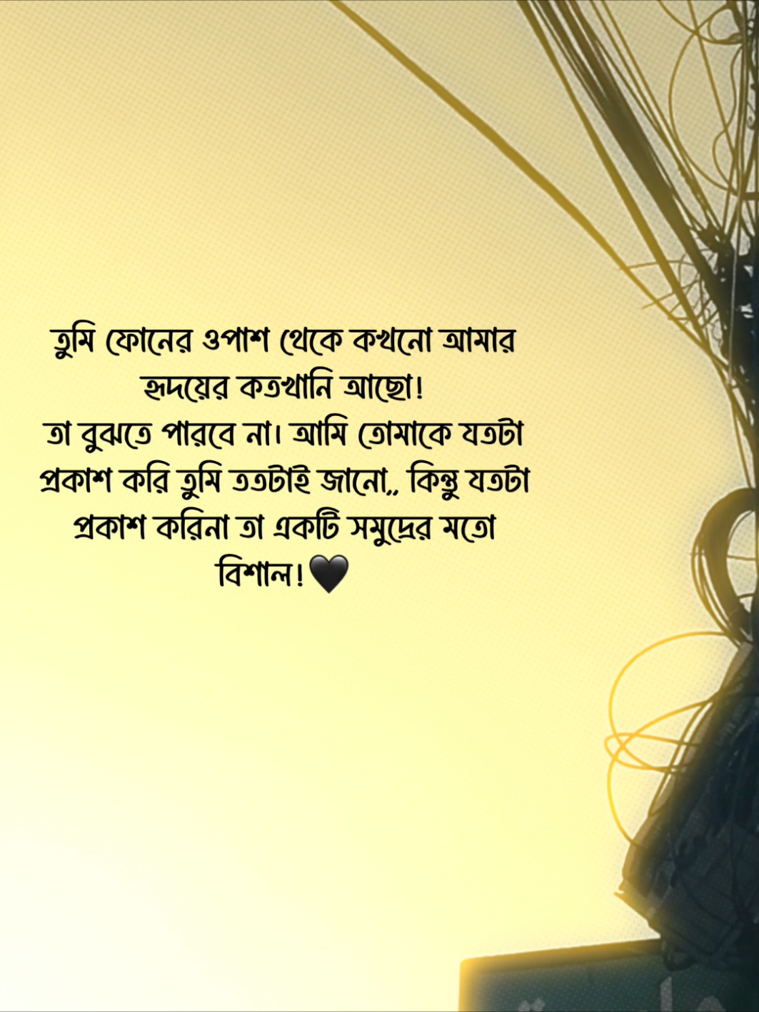 তুমি ফোনের ওপাশ থেকে কখনো আমার হৃদয়ের কতখানি আছো,তোমাকে কতটা ভালোবাসি তা বুঝতে পারবে না। আমি তোমাকে যতটা প্রকাশ করি তুমি ততটাই জানো,, কিন্তু যতটা প্রকাশ করিনা তা একটি সমুদ্রের মতো বিশাল!🖤#fybシ #foryou #foryoypage #vairalvideo #unfreezemyacount 