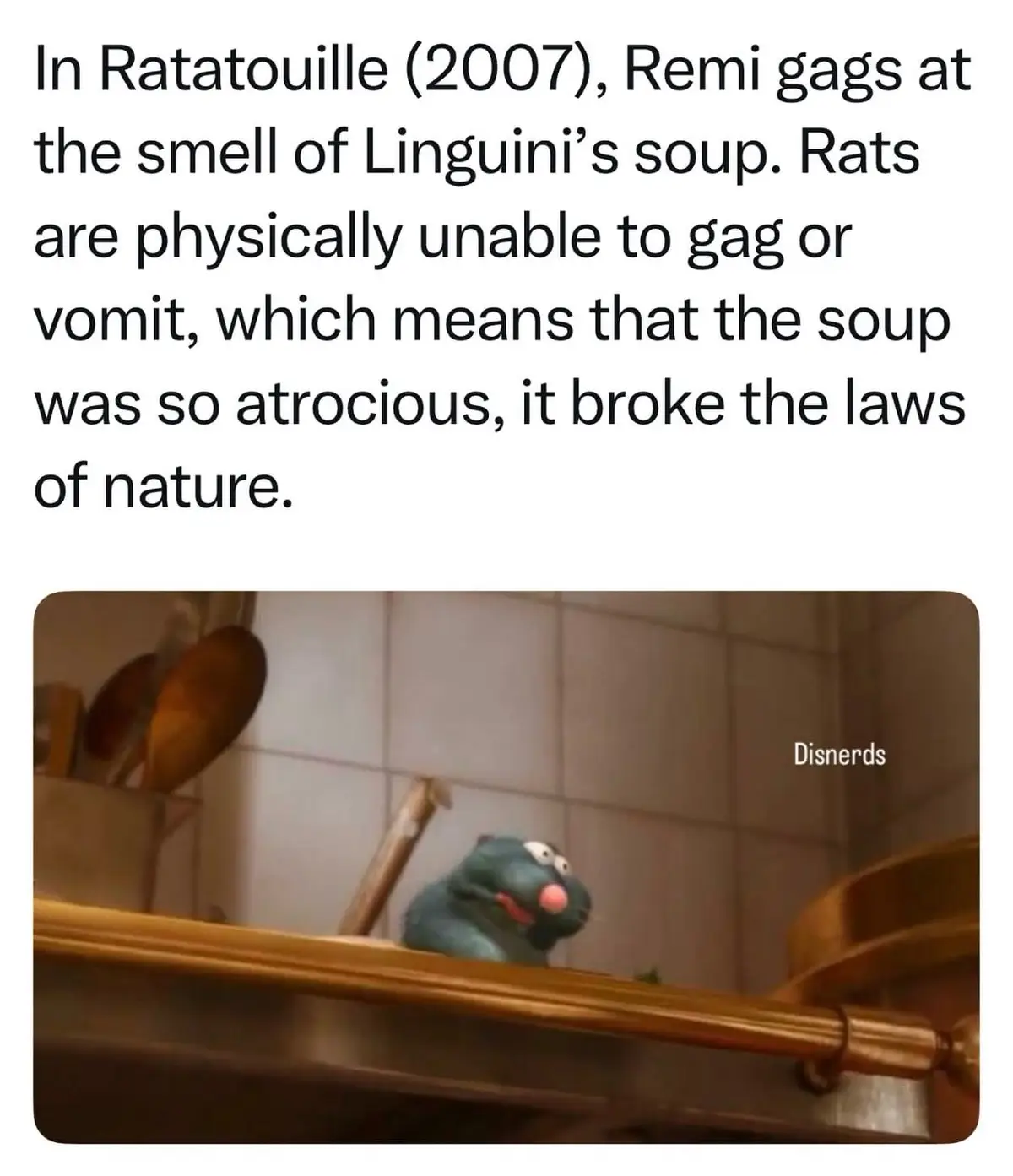Picture this: Remy, the culinary genius rat, sniffs Linguini’s soup and suddenly develops a new superpower—*the ability to gag*. 🐭💨 It’s like watching a tiny food critic throw up his hands in defeat while hanging upside down, shouting, “Mama Mia! This isn’t soup; it’s a science experiment gone wrong!” 😂 The scene is so iconic that even the laws of physics take a coffee break to avoid the horror. Imagine if we humans reacted like Remy—suddenly, every time someone brings store-bought soup to a dinner party, we’d all start convulsing like we’d been hit by a food truck full of regret. 🤣 Honestly, Linguini’s soup could’ve been used as a weapon of mass destruction in the kitchen. 💥🍲 #SoupSabotage #KitchenNightmares #CulinaryChaos #TikTokFoodFails #ViralKitchen 