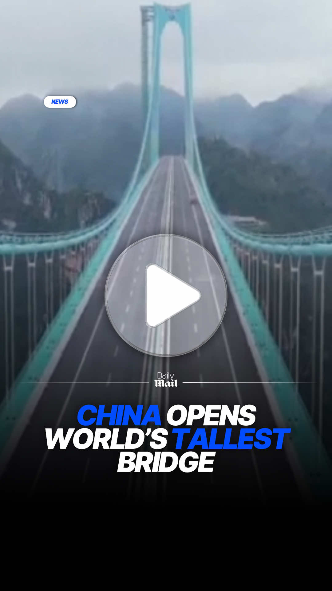 China has officially opened the world's tallest bridge to the public! Spanning 4,650ft between mountain tops, the structure, located above the Huajiang Grand Canyon in South China, is almost twice the height of the Eiffel Tower 👀 Read the full story on DailyMail.com 📷 BBC #china #worldrecord #money #architecture #news 