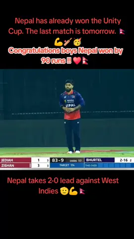 Nepal has once again made history by defeating West Indies. Congratulations to the Nepal Cricket Team. 🏏❤️🥳 The final match of the Unity Cup will be held tomorrow.   #unitycup Nepal win against #wi #t20 #kushal bhurtel amazing Play ⏯️ today #cricketlovers @CAN Official @For You @NepalCricket @Routine of Nepal banda 🇳🇵 