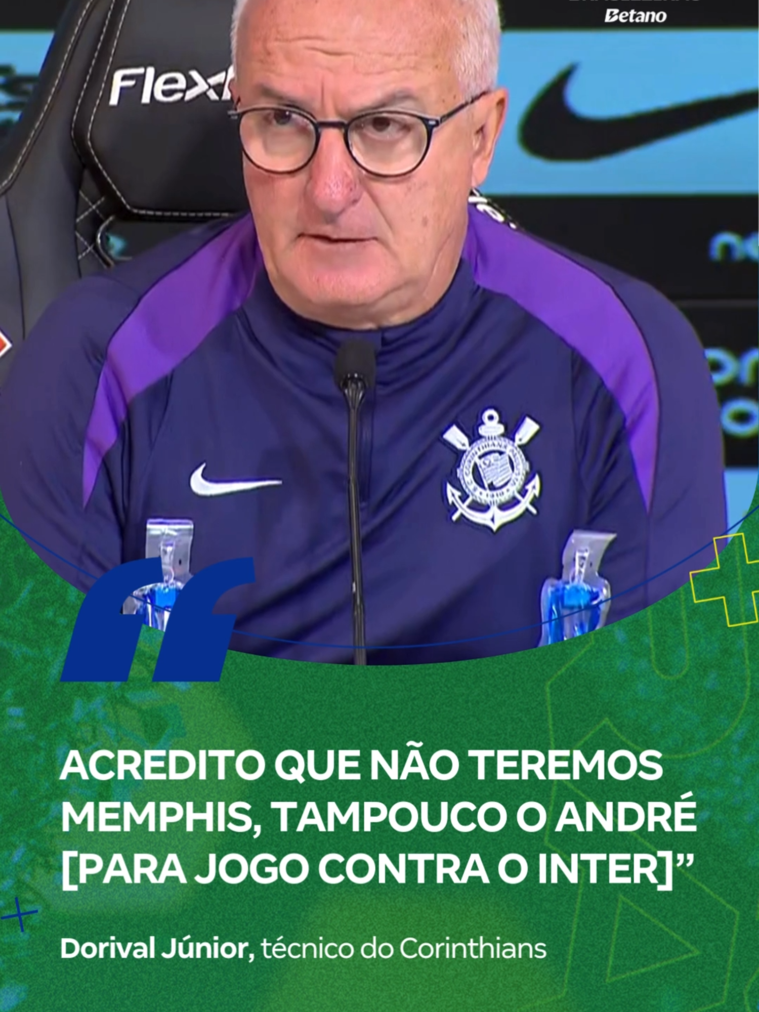 Más notícias para o próximo compromisso do Timão! 🤕 O técnico Dorival Júnior atualizou o quadro de lesões e confirmou que o time não deve contar com Memphis Depay e André Ramalho para a partida contra o Internacional. Segundo o treinador, a recuperação de Memphis é lenta, e ele 