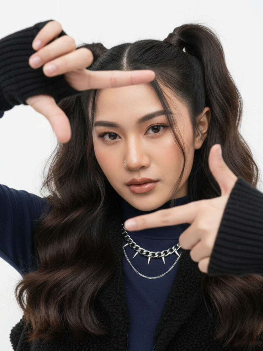 Gemini AI Edits  1. Open Gemini 2. Upload photo 3. Paste the prompt Reimagine this photo into A captivating half-body shot of a young East Asian woman with long, dark hair styled into high pigtails. Her gaze is intense and direct, looking straight at the camera. Her face is artfully made up with a subtle pink blush on her cheeks and a glossy, natural lip color. She has a small, minimalist stud on her left nostril. She is wearing a dark blue, long-sleeved shirt with a high neckline, layered under a black fuzzy or fleece vest. Around her neck are two silver chain necklaces, one of which is a thick, spiked chain. Her hands, which are partially visible at the edges of the frame, are held up in a frame-like gesture, with black arm warmers or fingerless gloves. The background is a clean, bright white or light gray, providing a stark contrast to the subject. The lighting is soft and even, highlighting her features without harsh shadows. The overall style is a blend of trendy and edgy, with a focus on her expressive face and unique fashion #fyp #aiprompt #gemini #aigenerated #ai   