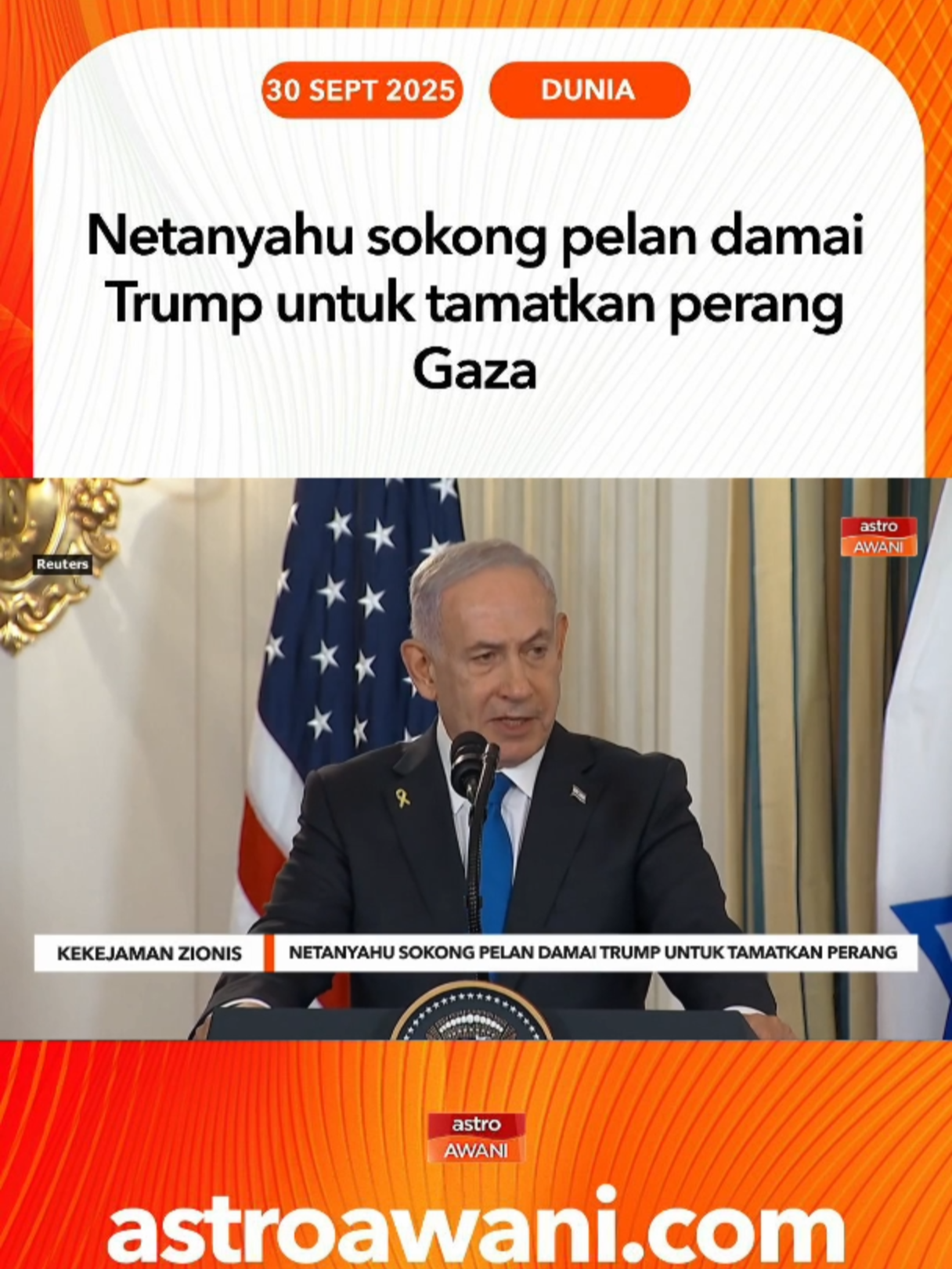 PM Israel Benjamin Netanyahu sokong pelan damai Trump yang janji bawa pulang tebusan, tamatkan pemerintahan Hamas dan pastikan Gaza tidak lagi ancam Israel. #AWANInews